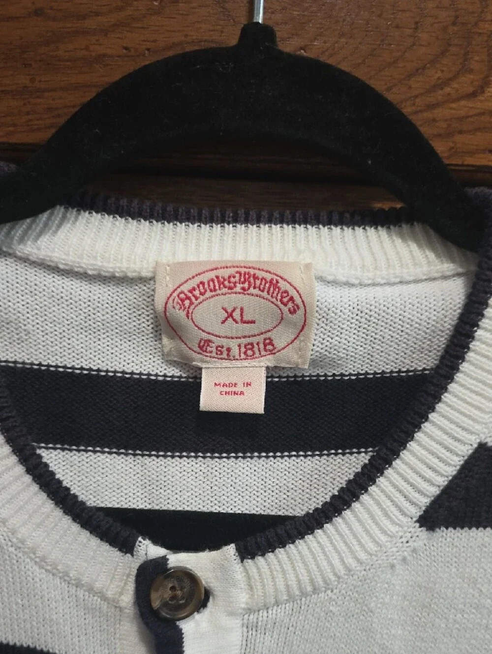 Brooks Brothers White and Black Striped Crewneck Henley Sweater
